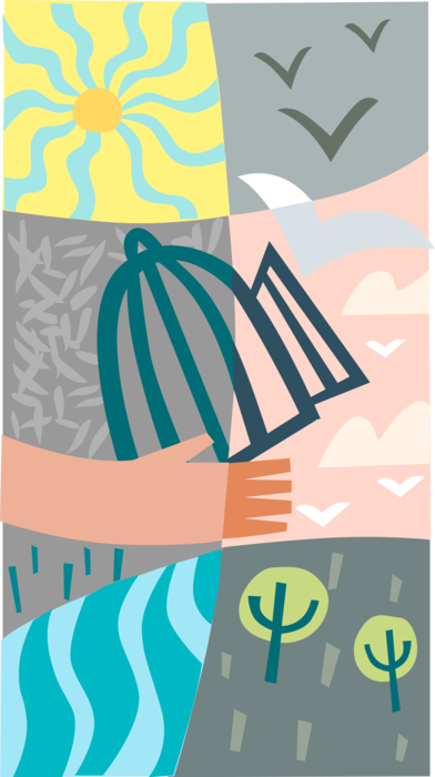 Vector Illustration of Hands Release Bird from Birdcage into Natural Environment