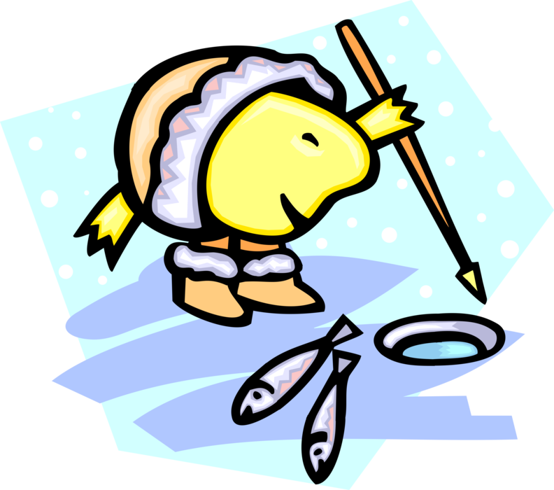 Vector Illustration of Arctic Indigenous Peoples Inuit Ice Fisherman Angler with Spear Catches Fish