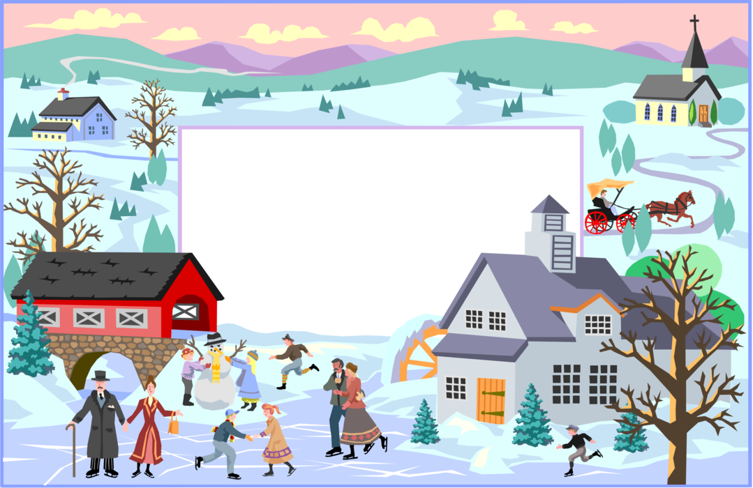 Vector Illustration of Winter Scene Background Frame with Country Village and Ice Skaters