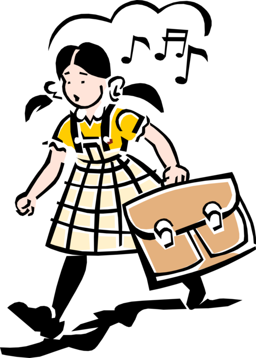 Vector Illustration of 1950's Vintage Style Schoolgirl Walking to School and Singing Music Song or Tune