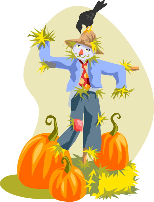 Vector Illustration of Scarecrow Hay-Man Decoy in Field with Pumpkins