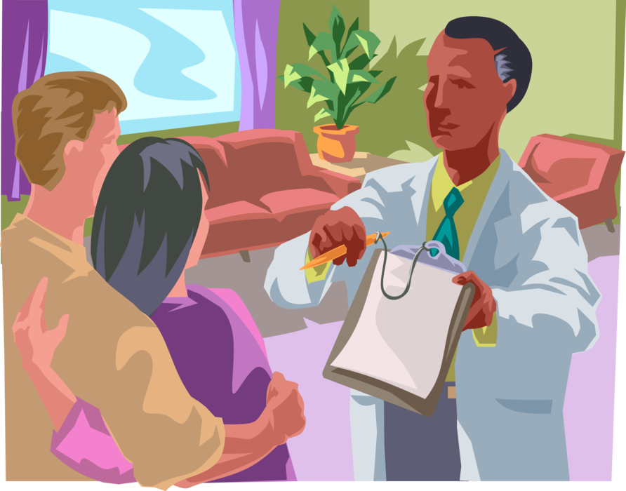 Vector Illustration of Doctor with Clipboard Portable Writing Surface and Pen Seeks Legal Authorization for Medical Treatment