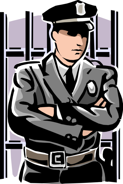 Vector Illustration of Law Enforcement Officer in Prison with Cell Bars