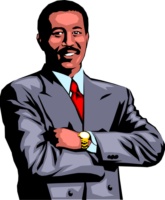 Vector Illustration of Satisfied African American Businessman with Crossed Arms