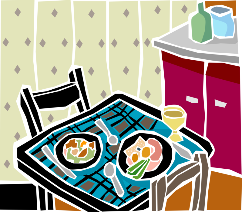 Vector Illustration of Kitchen Table Set for Dinner with Food Meals