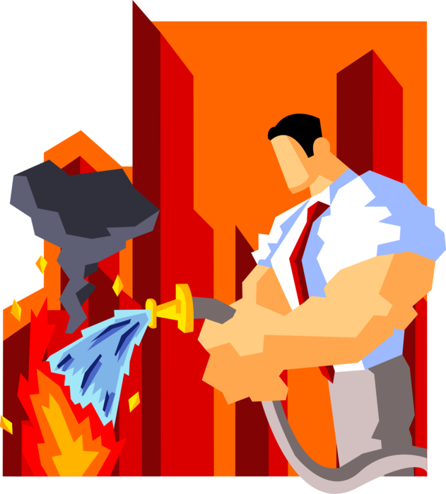 Vector Illustration of Powerful Businessman with Jacked Biceps and Forearms Putting Out Fires