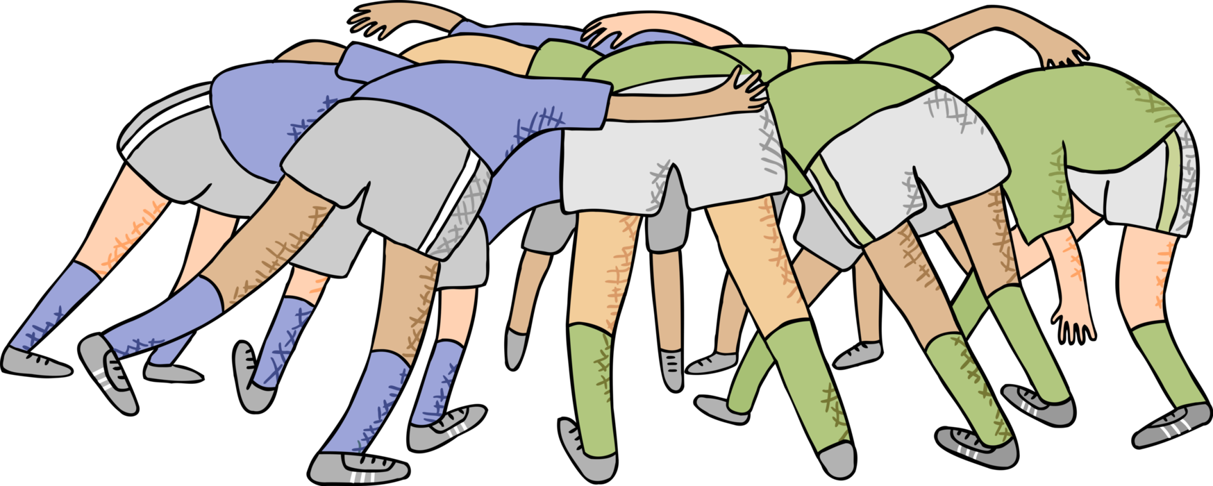 Vector Illustration of Rugby Players in Scrum Scrummage During Match Game