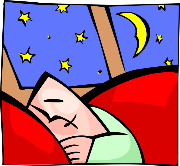 Vector Illustration of Man Sleeping in Bed with Stars and Moon on Clear Night