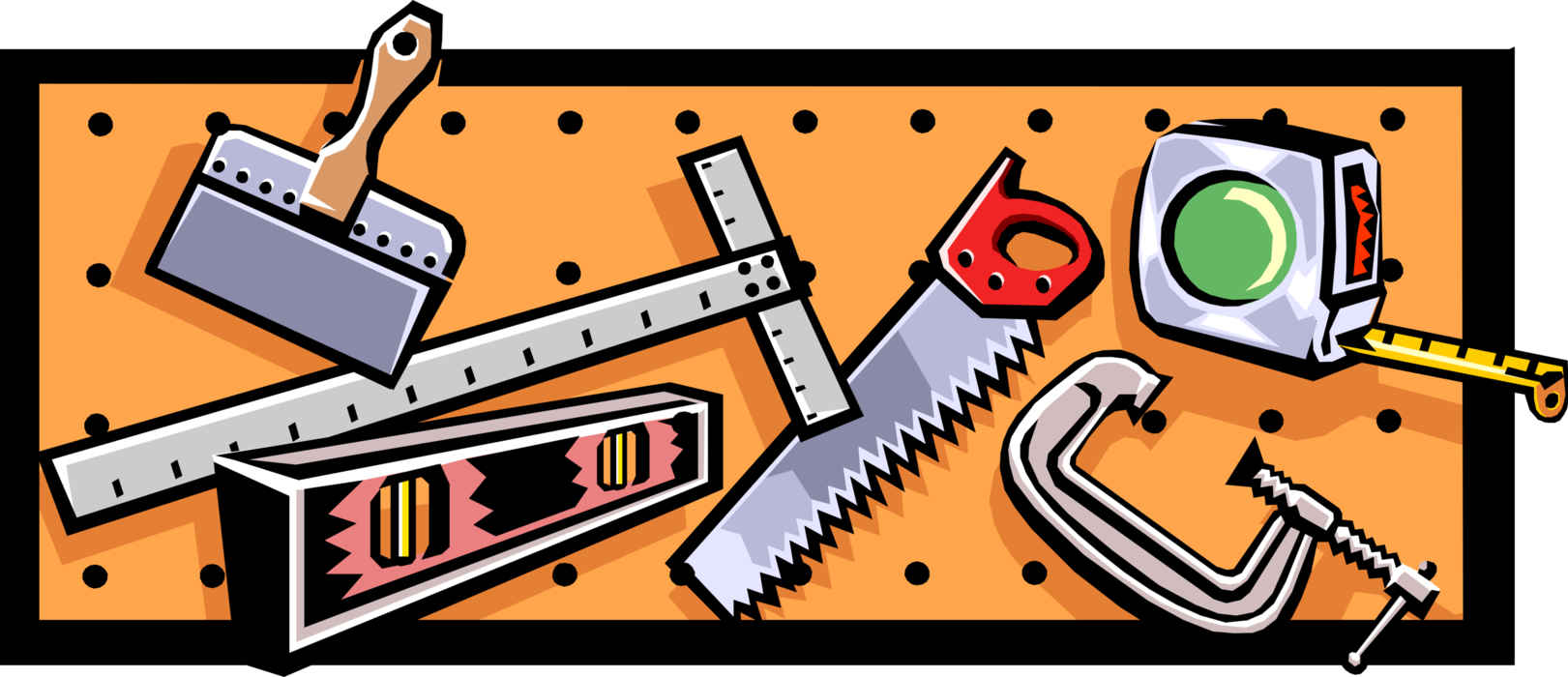 Vector Illustration of Workbench Tools Hanging on Pegboard