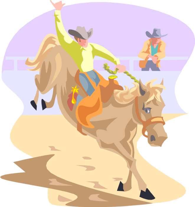 Vector Illustration of Rodeo Cowboy Rides Bucking Bronco Horse in Competition
