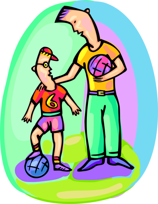 Vector Illustration of Father Teaches Son to Play Soccer Football