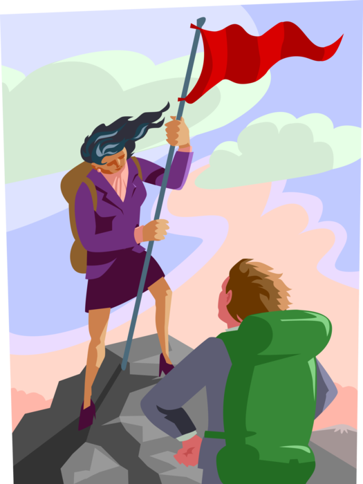 Vector Illustration of Business Mountain Climbing Colleagues Reach Summit and Plant Flag