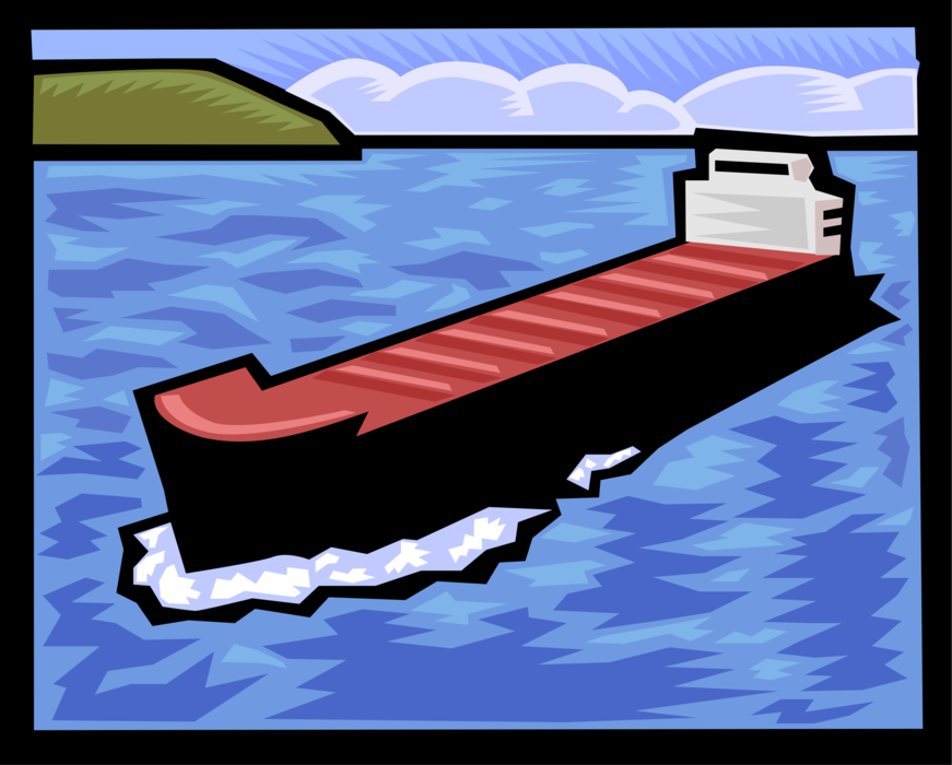 Vector Illustration of Ocean Transport Cargo Ship or Freighter Ship or Vessel Arrives in Port