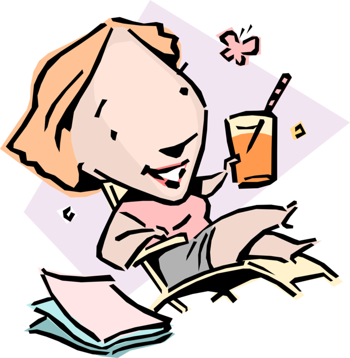 Vector Illustration of Far from the Maddening Crowd Idiom Businesswoman Relaxing with Drink