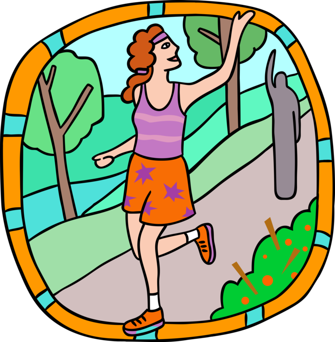 Vector Illustration of Jogger Exercising in Park Waving Hello to Passersby