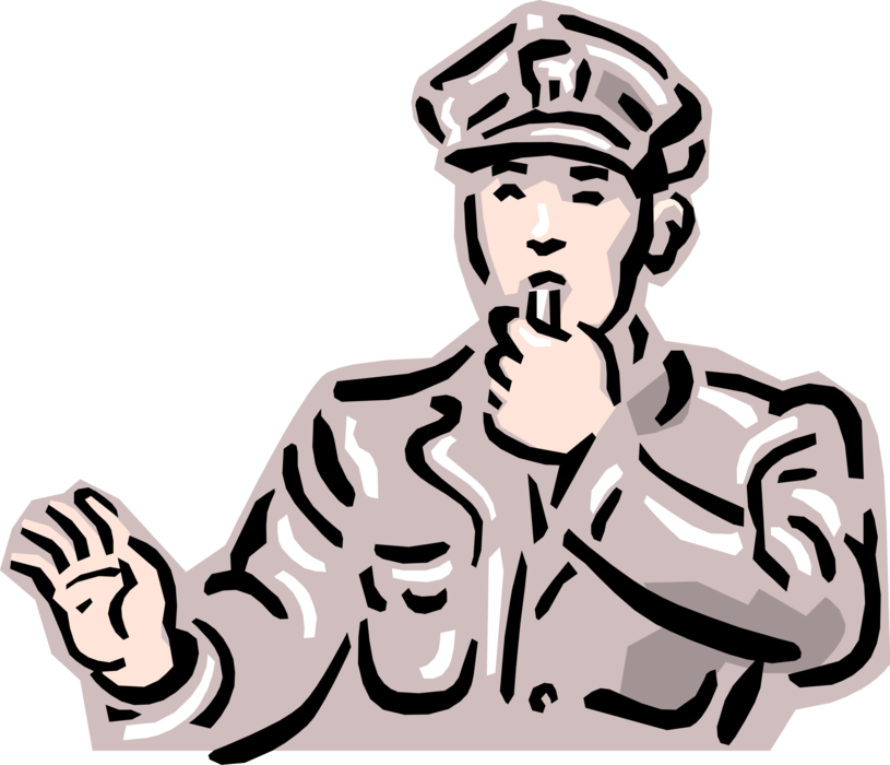 Vector Illustration of Traffic Cop Policeman Blows Whistle to Stop and Control Cars