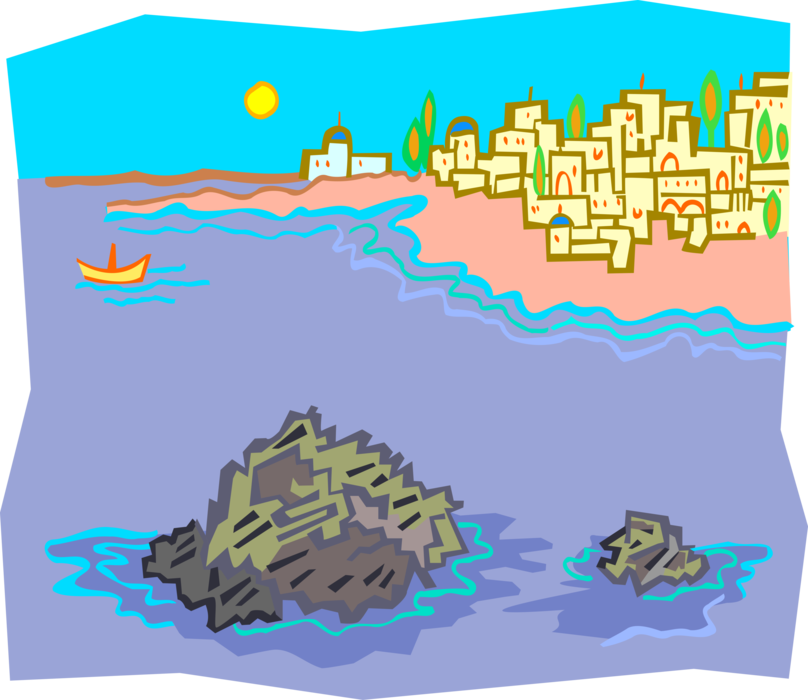 Vector Illustration of Greek Town with Shoreline and Rocks in Foreground
