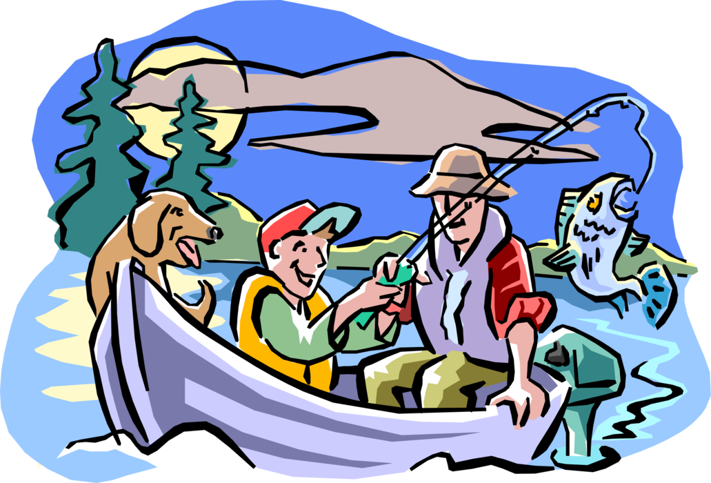 Vector Illustration of Father and Son Bonding on Fishing Trip with Family Dog Catch Fish