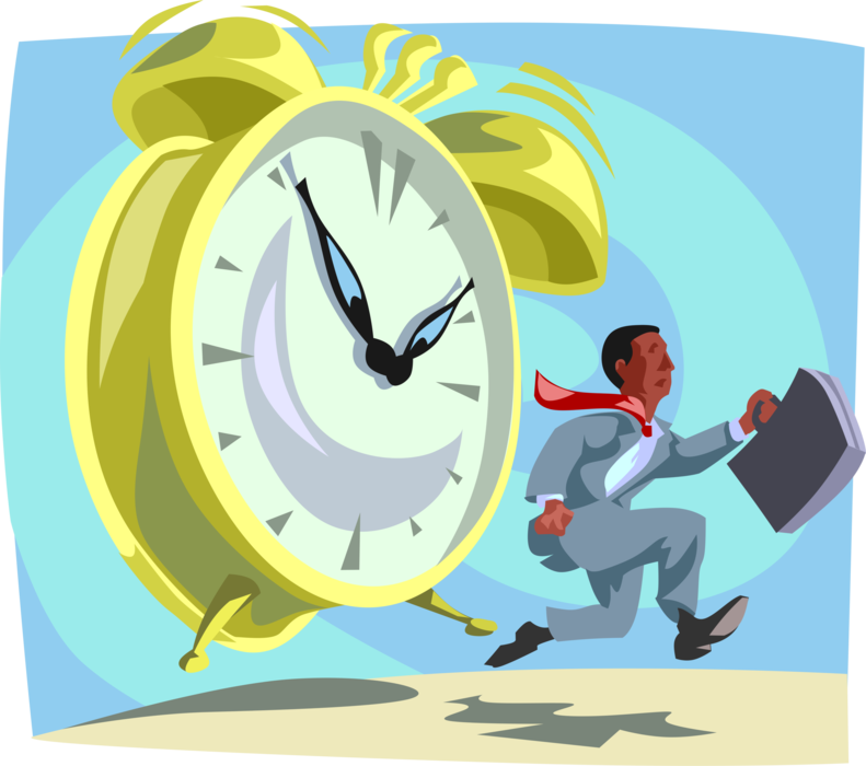 Vector Illustration of Race Against Time Alarm Clock Chasing Businessman with Briefcase