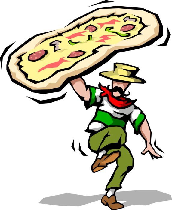 Vector Illustration of Italian Cuisine Chef Delivers Fresh Flatbread Pizza with Cheese, Pepperoni and Green Peppers