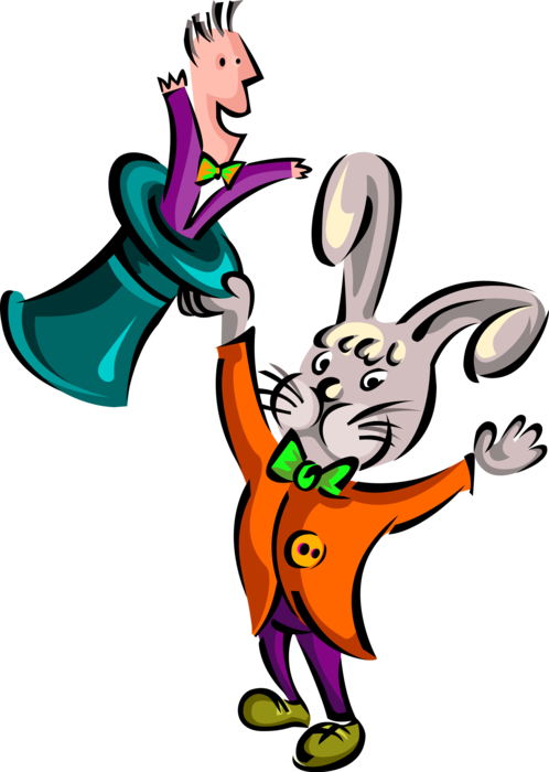 Vector Illustration of Magic Act Rabbit Pulling Magician Out of Hat