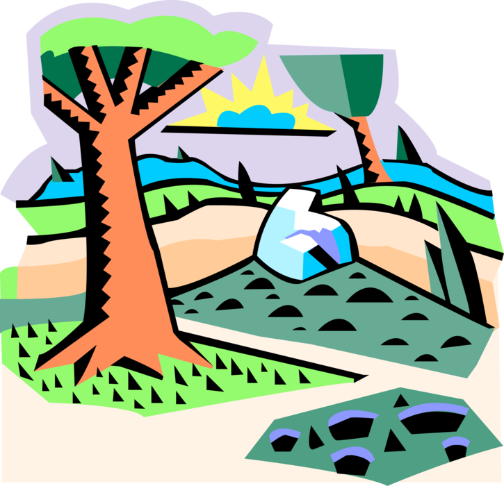 Vector Illustration of Country Landscape with Trees and Sun