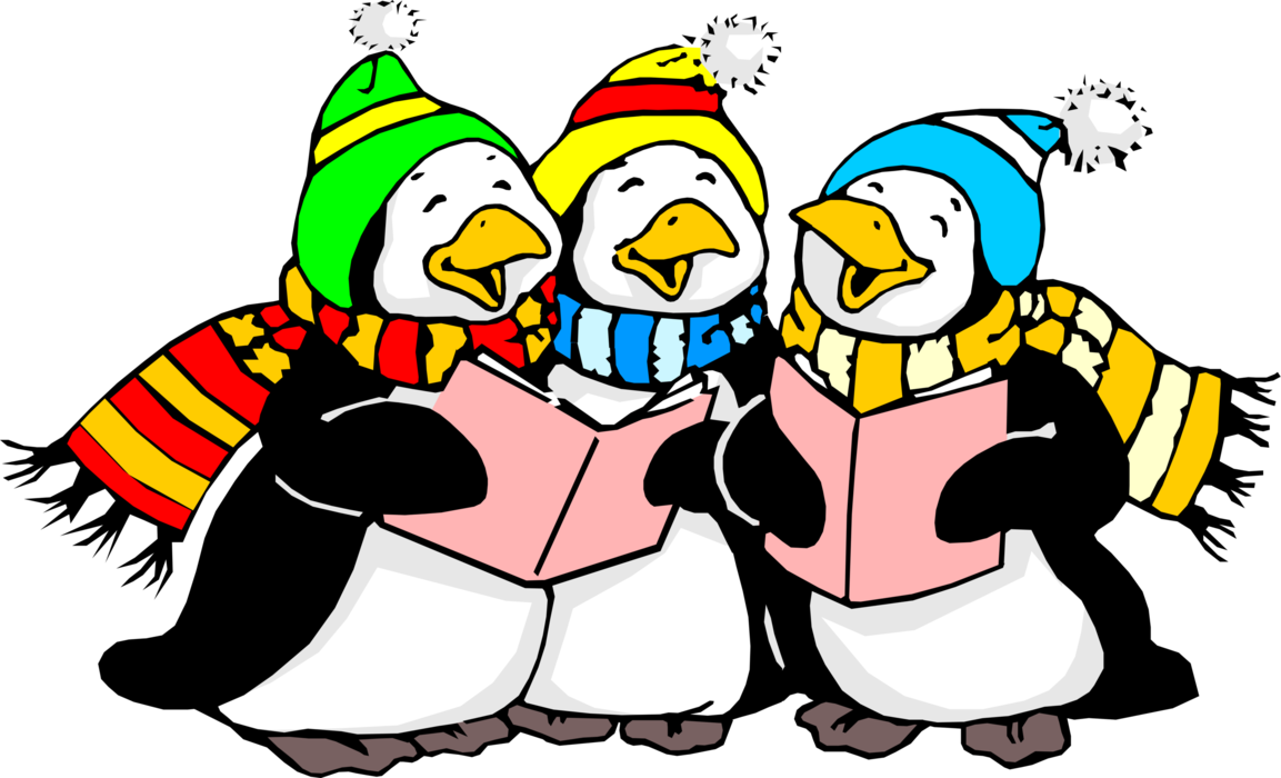 Vector Illustration of Penguins in Scarves and Toques Singing Christmas Carols