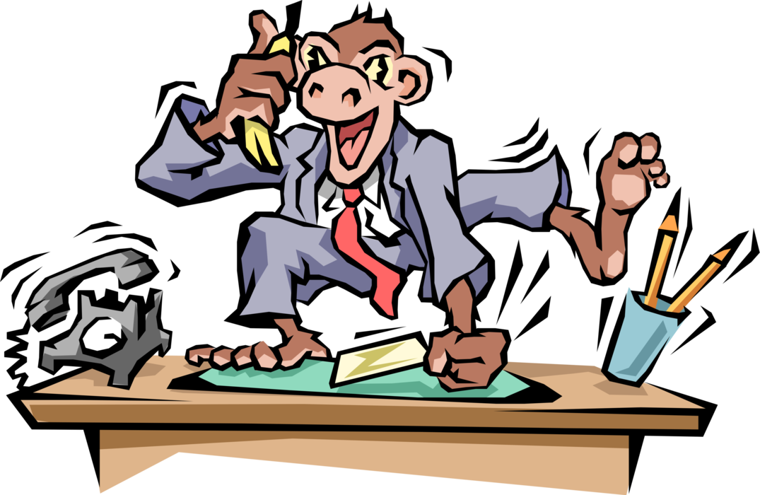 Vector Illustration of Primate Monkey Businessman Pounds His Desk