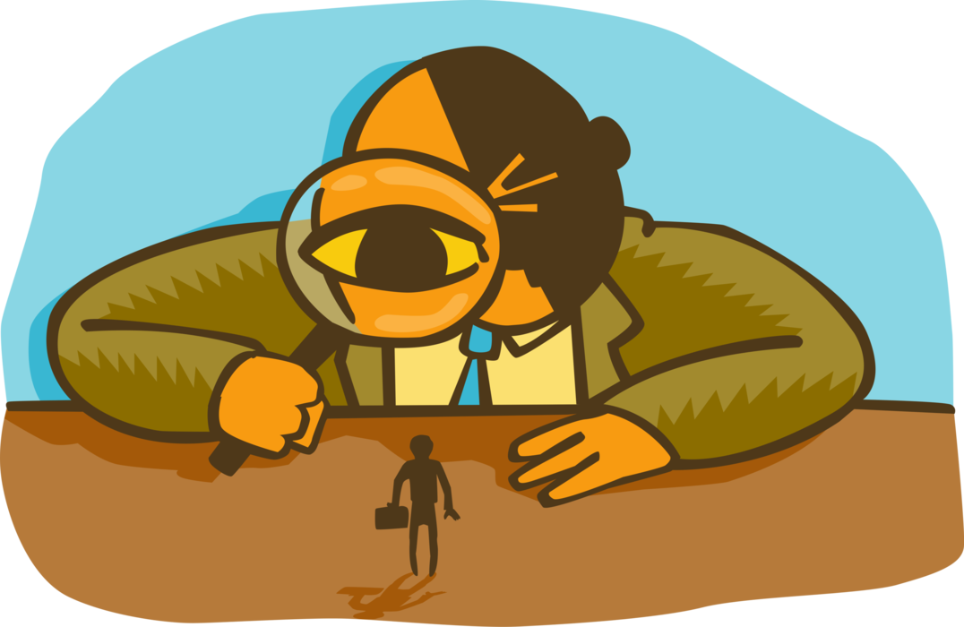 Vector Illustration of Business Human Resources Manager Examining Job Applicant with Magnifying Glass