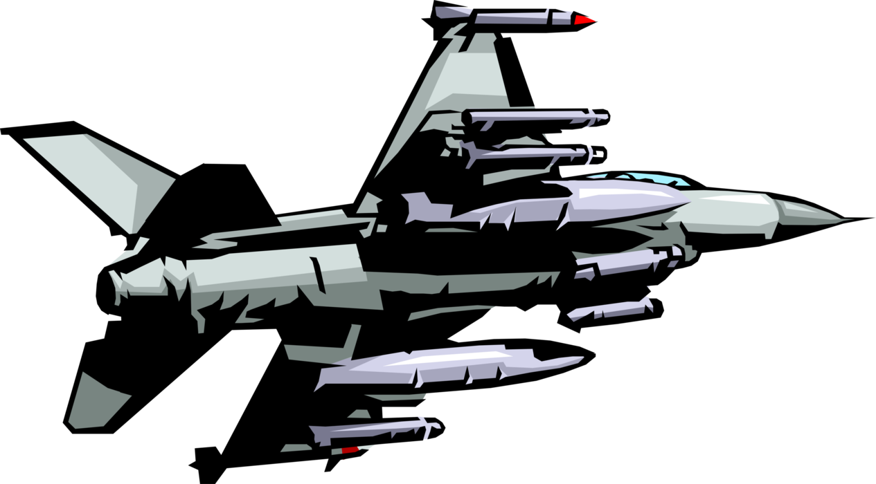 Vector Illustration of F16 Falcon US Air Force Single-Engine Supersonic Multirole Fighter Loaded with Bombs