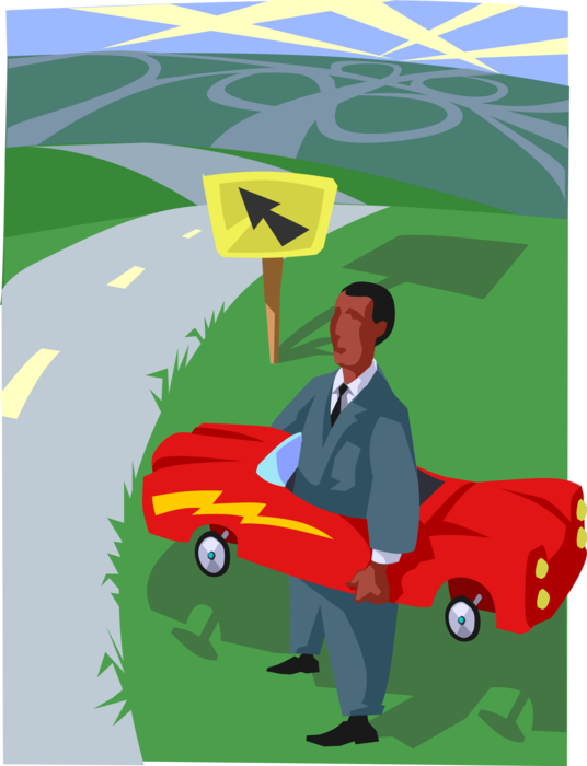 Vector Illustration of Man with Car Wondering Which Way to Go