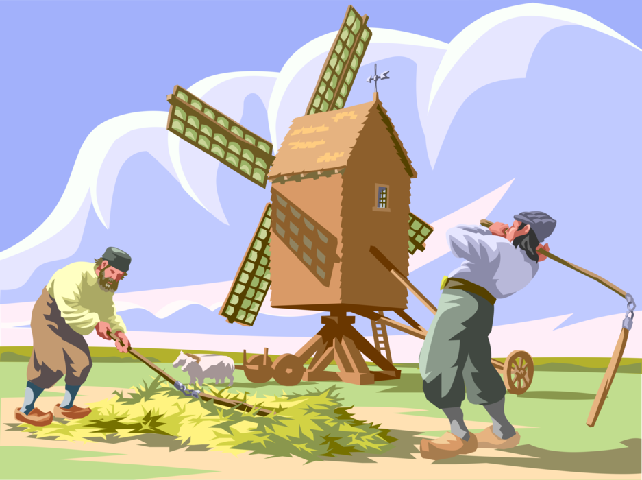 Vector Illustration of Farm Workers Separate Wheat from Chaff with Windmill Flour Mill