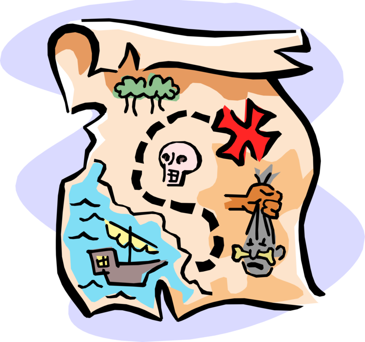 Vector Illustration of Buccaneer Pirate's Treasure Map with Buried Treasure Location Marked with "X"