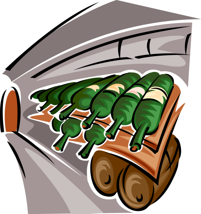 Vector Illustration of Vineyard Winery with Wine Bottles and Barrel Casks in Wine Cellar