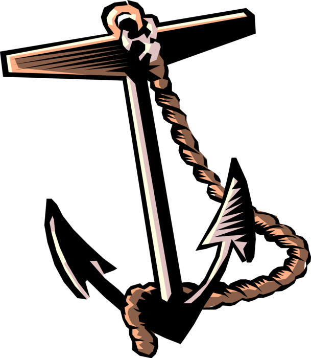 Vector Illustration of Boat or Ship Marine Anchor Prevents Water-Borne Vessel From Drifting in Wind or Current with Rope Rode