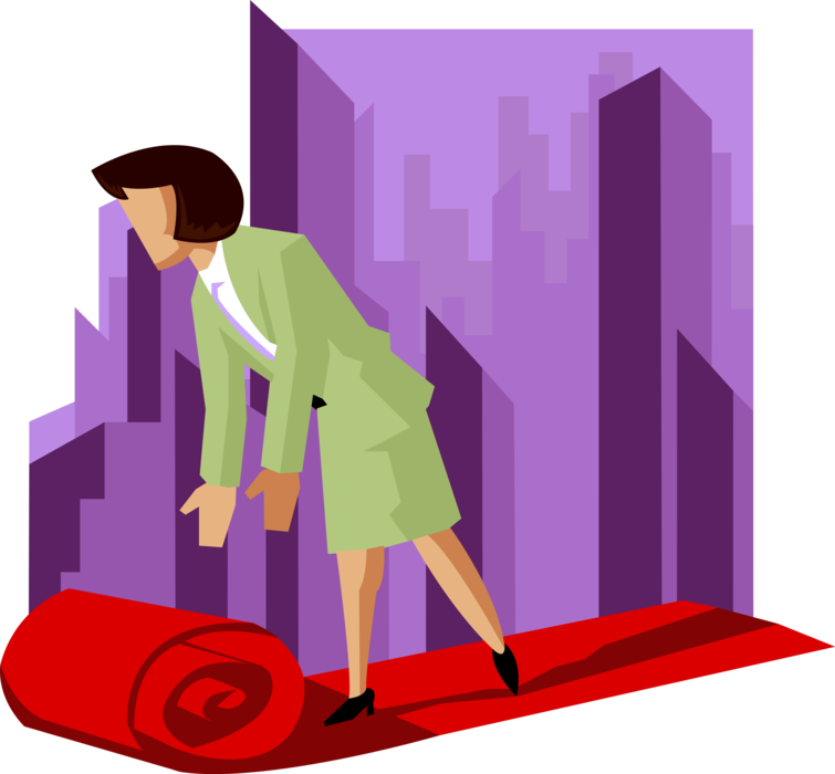 Vector Illustration of Businesswoman Rolling Out Red Carpet Idiom