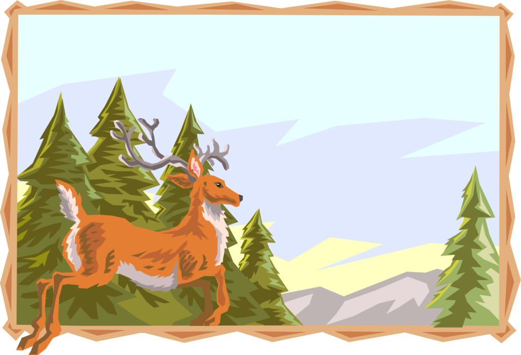 Vector Illustration of Ruminant Mammal White-Tail Deer in Forest Background