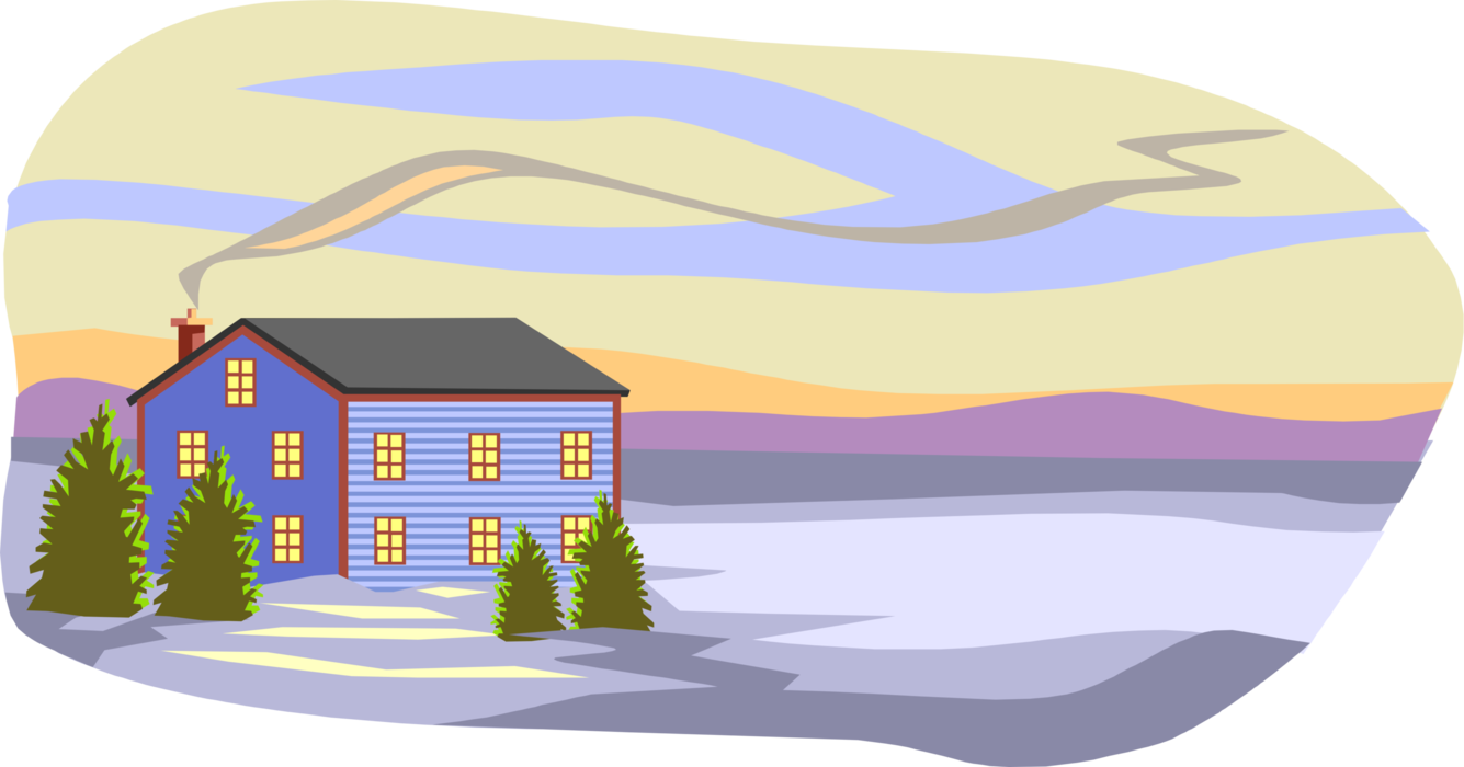 Vector Illustration of Winter Midnight Sun Scene with House
