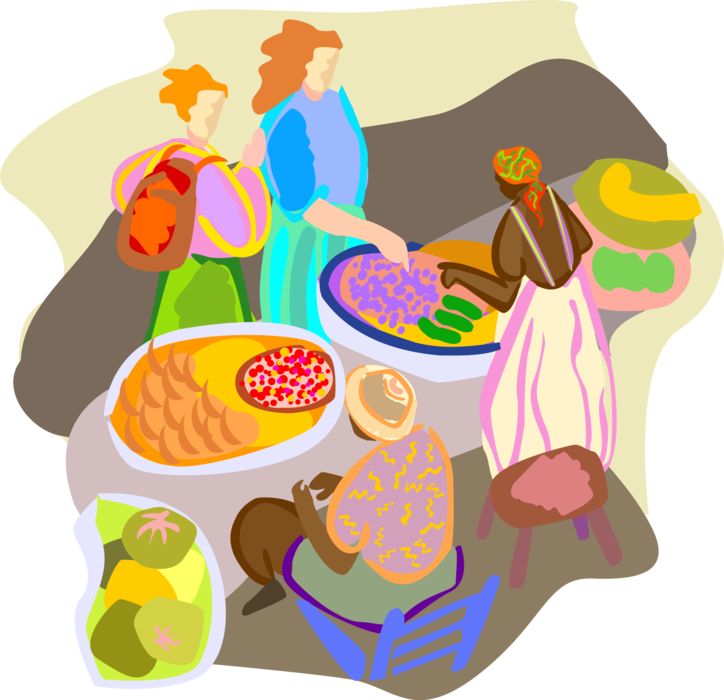 Vector Illustration of Tourists Shopping at African Outdoor Food Market 