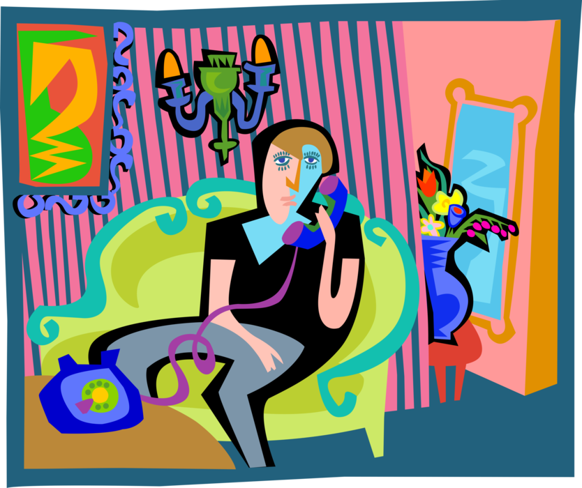 Vector Illustration of Man Sitting on Loveseat Talks on Telephone 