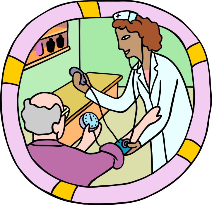 Vector Illustration of Health Care Nurse Administers Test with Blood Pressure Gauge Aneroid Sphygmomanometer with Cuff