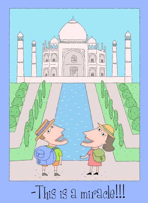 Vector Illustration of Tourists Visit Taj Mahal Marble Mausoleum on Yamuna River in Indian city of Agra, India