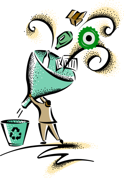 Vector Illustration of Recycling Trash and Garbage into Reusable Objects with International Recycle Logo