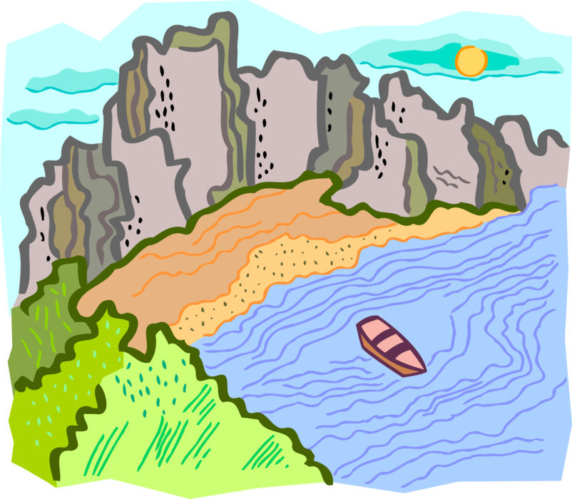 Vector Illustration of Ocean Coast Shoreline with Boat