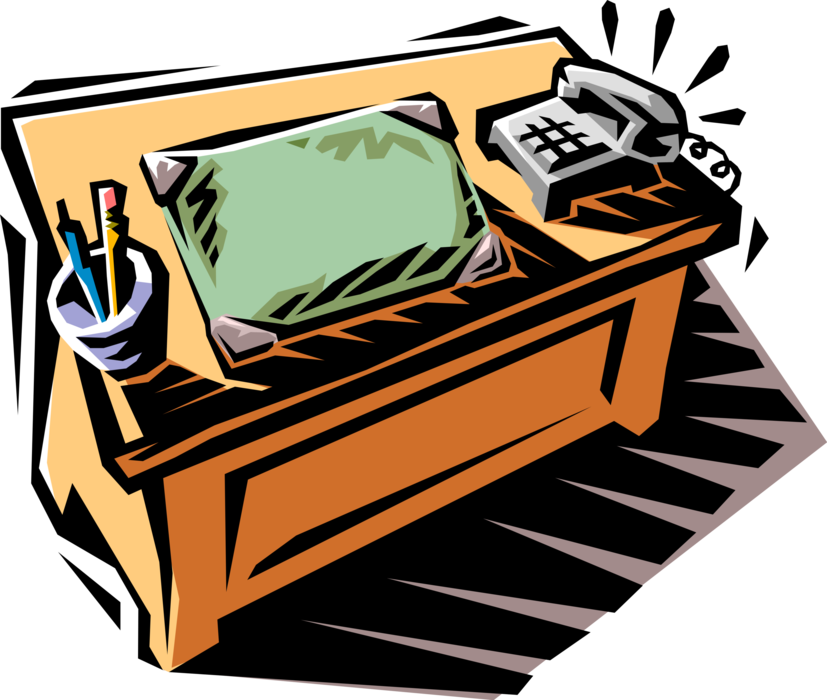 Vector Illustration of Office Desk with Blotter, Telephone and Writing Instruments