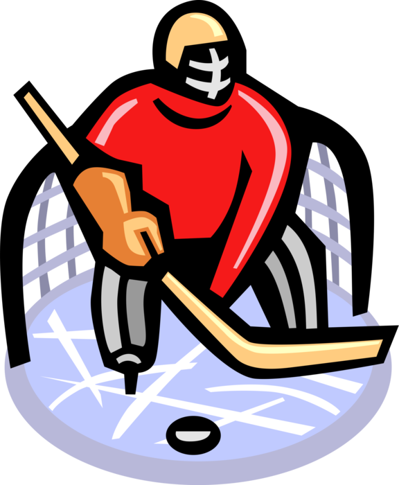 Vector Illustration of Sport of Ice Hockey Goalie in Net Stops Puck