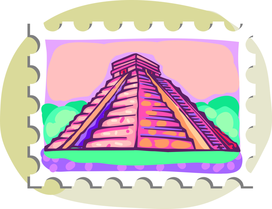 Vector Illustration of Postage Stamp of Mesoamerican Mayan or Inca Teotihuacán Step Pyramid
