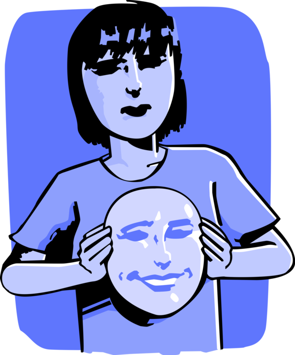 Vector Illustration of Two-Faced Hypocritical or Double-Dealing Deceitful Businesswoman with Mask