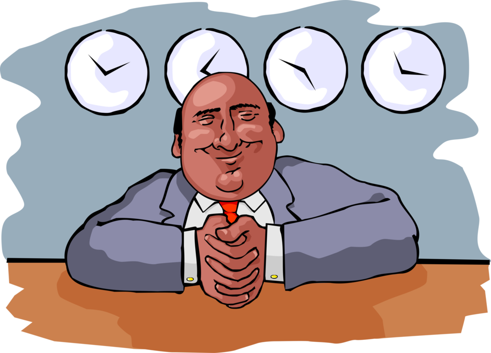 Vector Illustration of Greedy Boss is Happy Making Money Across Multiple Time Zones