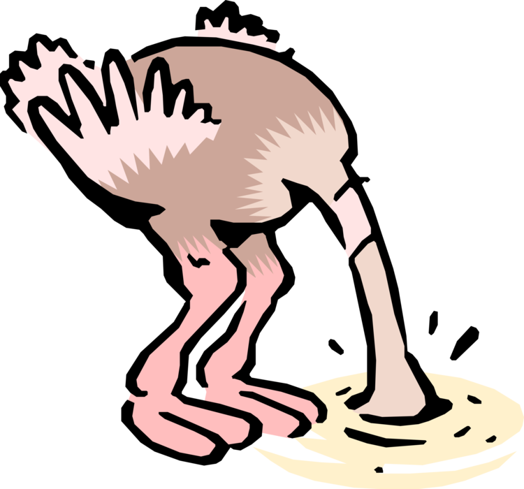 Vector Illustration of Cartoon African Ostrich Bird Buries Head Refusing to Accept Problem